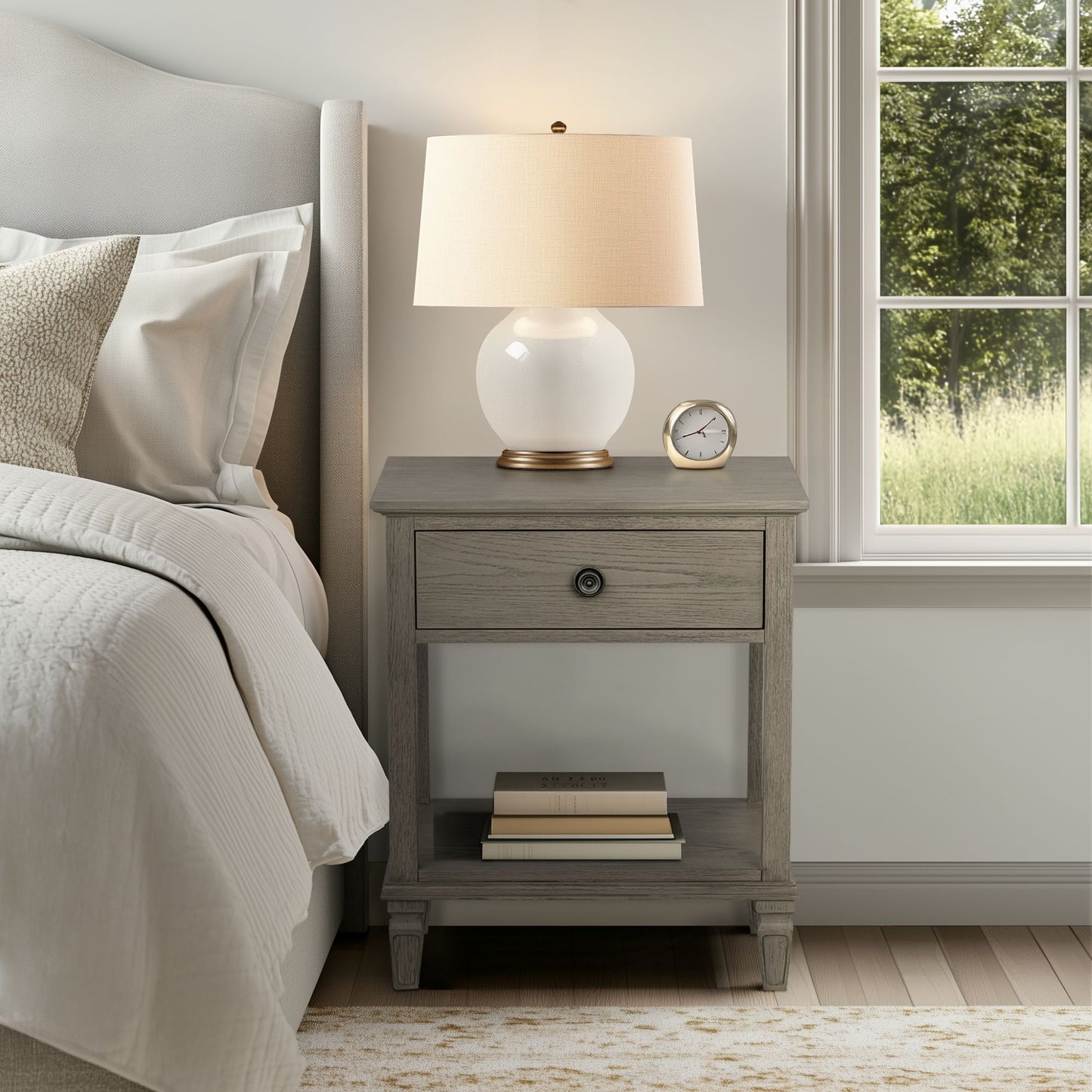 Victoria one-drawer wood bedside table with shelf