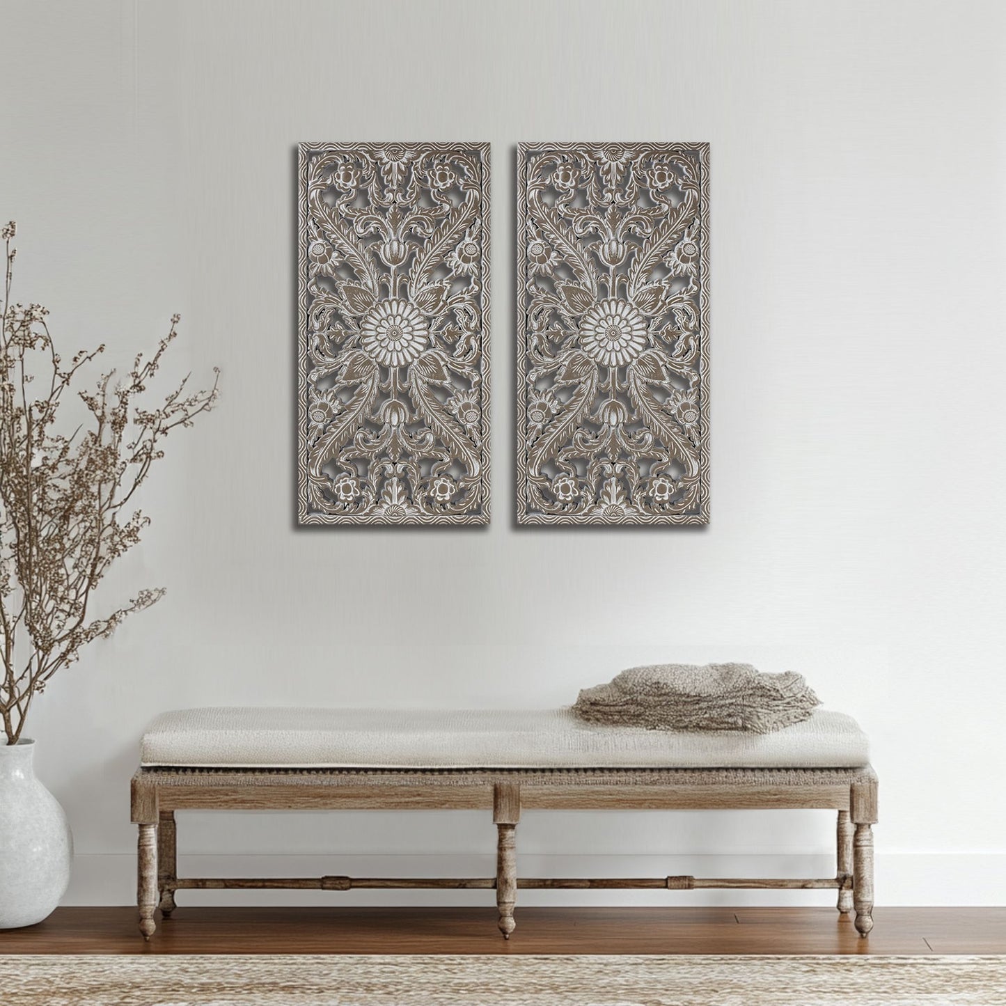 Botanical Panel Distressed Carved Wood 2-piece Wall Decor Set