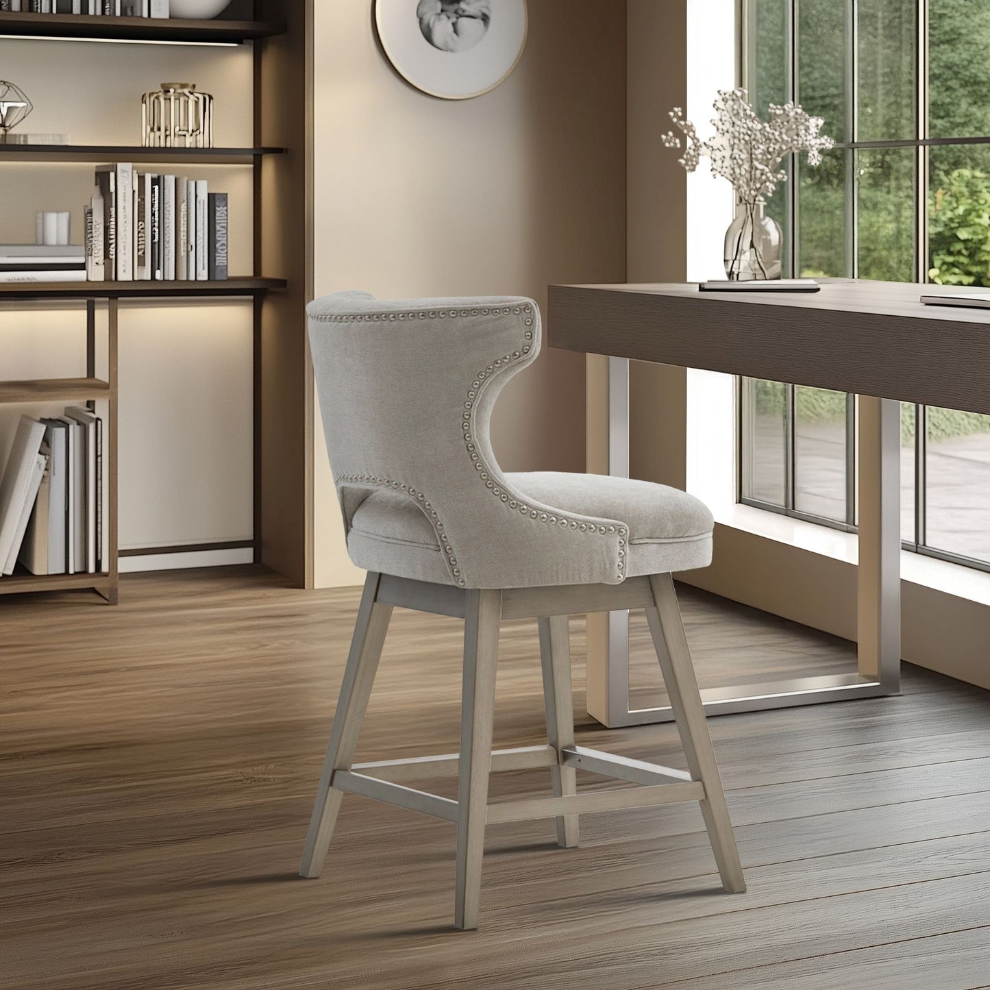 Emmett 360-degree swivel counter stool with nailheads