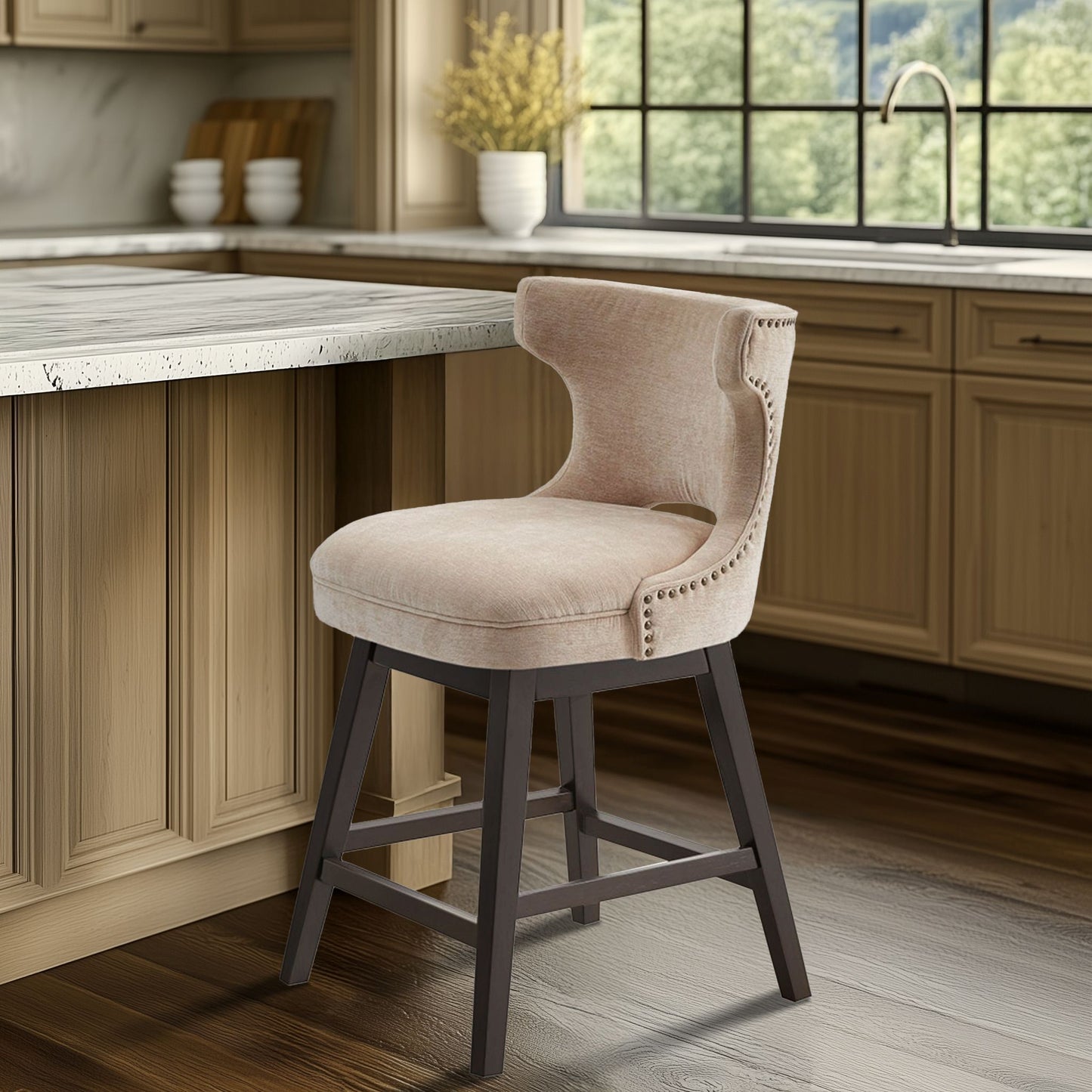 Emmett 360-degree swivel counter stool with nailheads