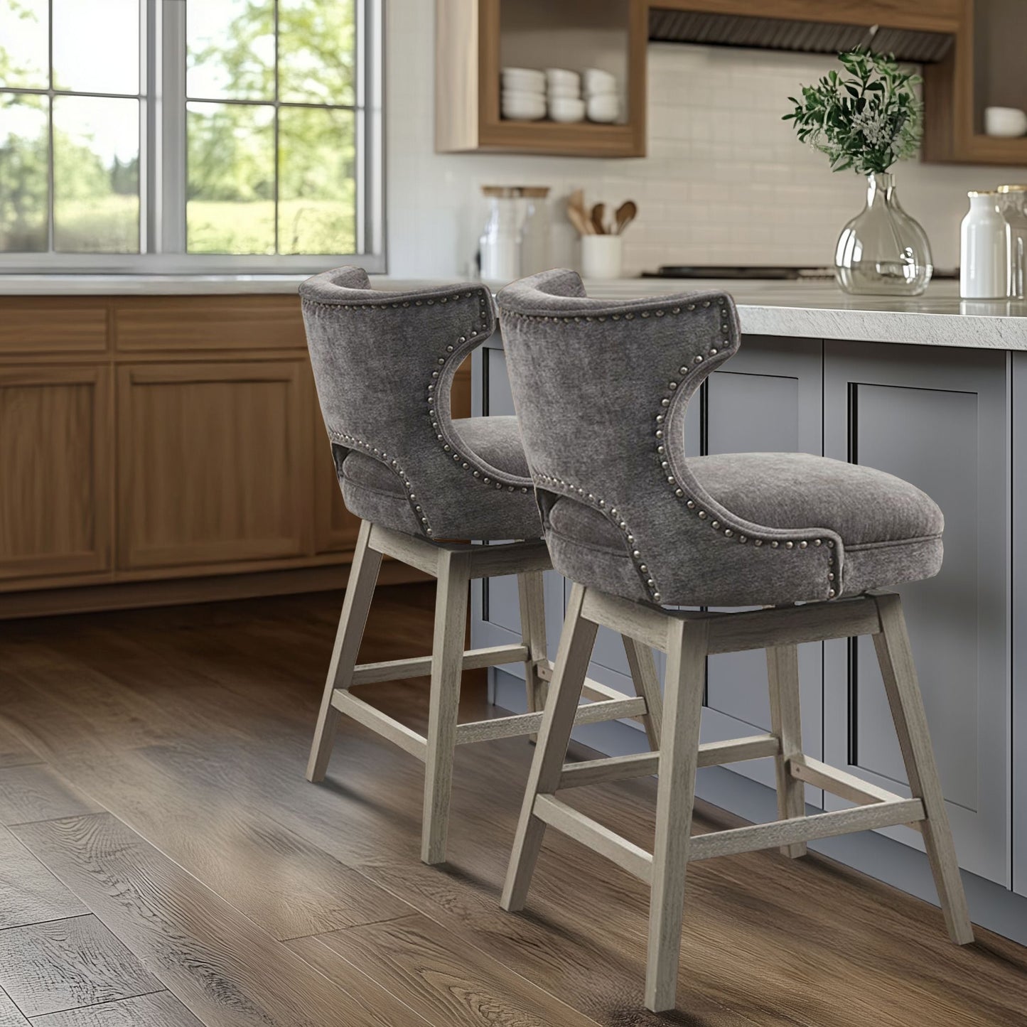 Emmett 360-degree swivel counter stool with nailheads
