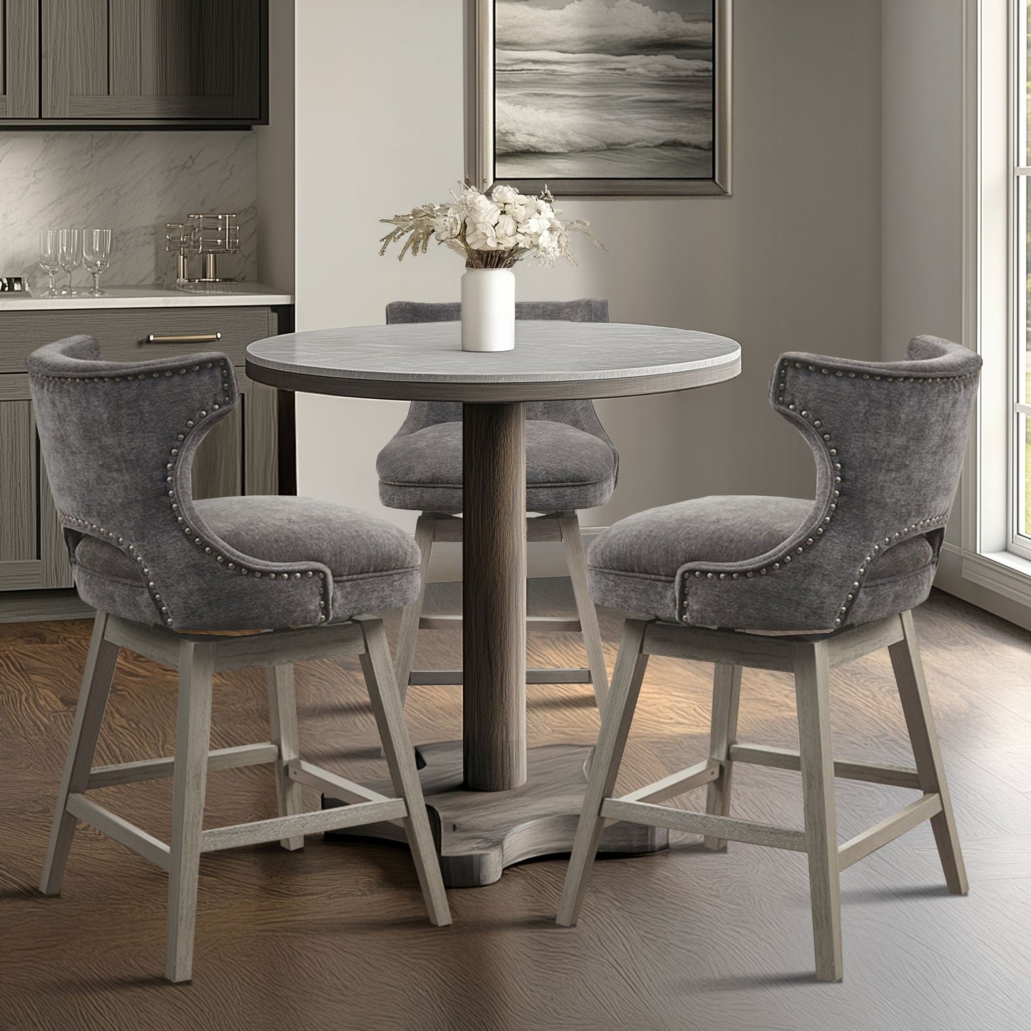Emmett 360-degree swivel counter stool with nailheads