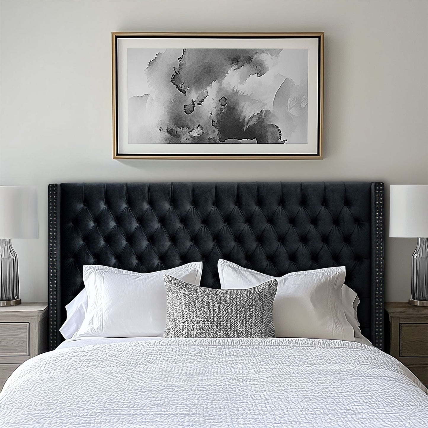 Amelia Upholstered Wingback Headboard with Button Tufting & Nailhead Trim