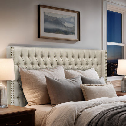 Amelia Upholstered Wingback Headboard with Button Tufting & Nailhead Trim