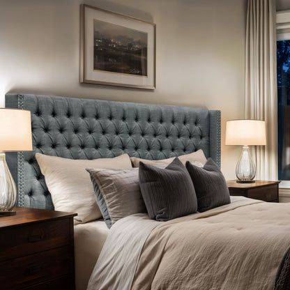 Amelia Upholstered Wingback Headboard with Button Tufting & Nailhead Trim