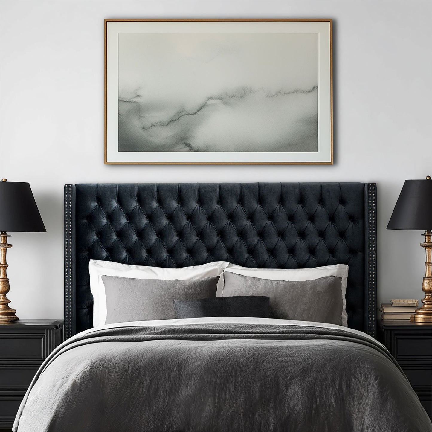 Amelia Upholstered Wingback Headboard with Button Tufting & Nailhead Trim