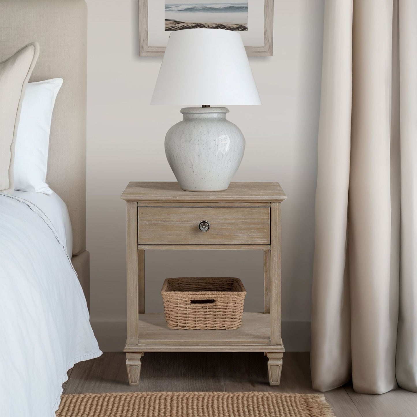 Victoria one-drawer wood bedside table with shelf