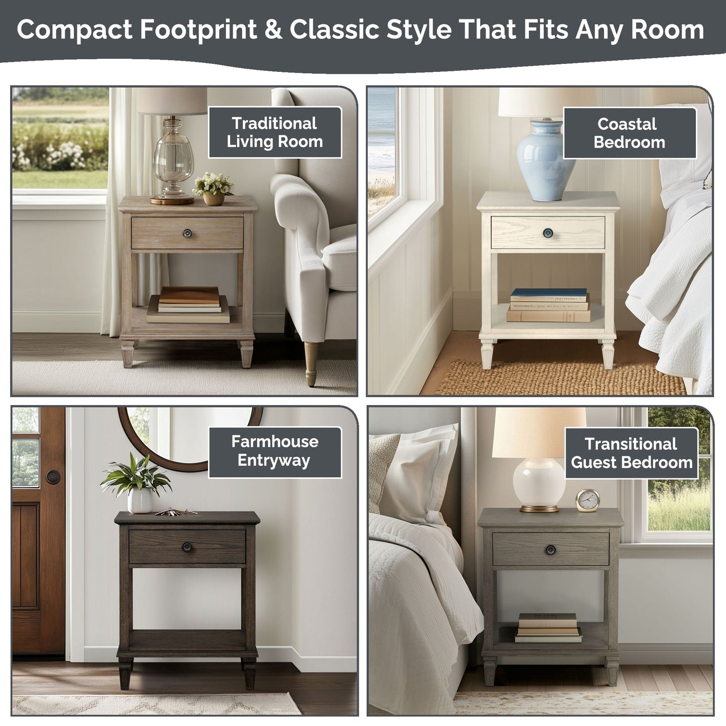 Victoria one-drawer wood bedside table with shelf