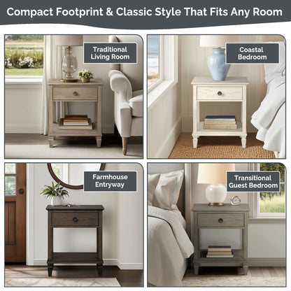 Victoria one-drawer wood bedside table with shelf