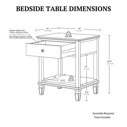 Victoria one-drawer wood bedside table with shelf