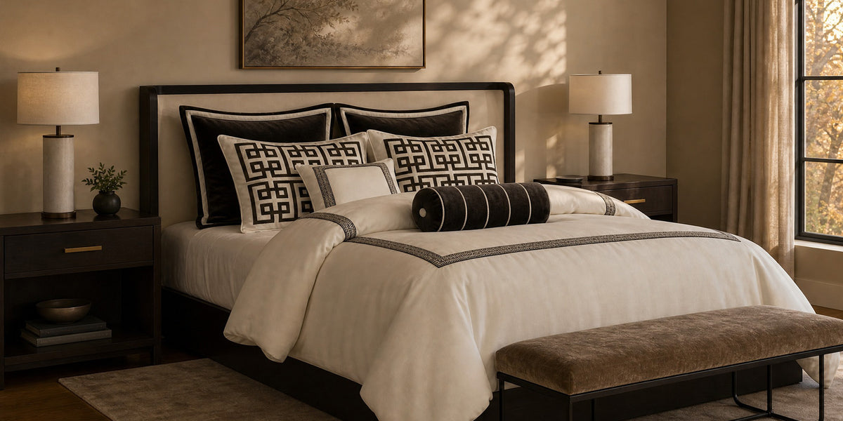 Madison Park Signature Jarvis Embroidery comforter set. Cream with dark brown embroidered border, matching shams, fretwork pillows, and a bolster. Explore Madison Park Signature.
