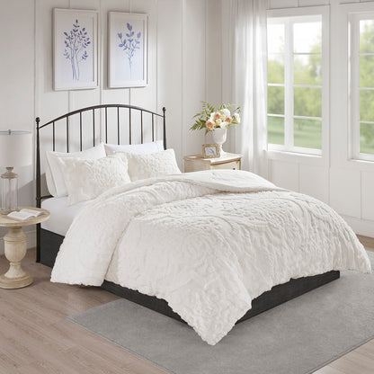 Viola 3 piece Tufted Cotton Chenille Damask Comforter Set
