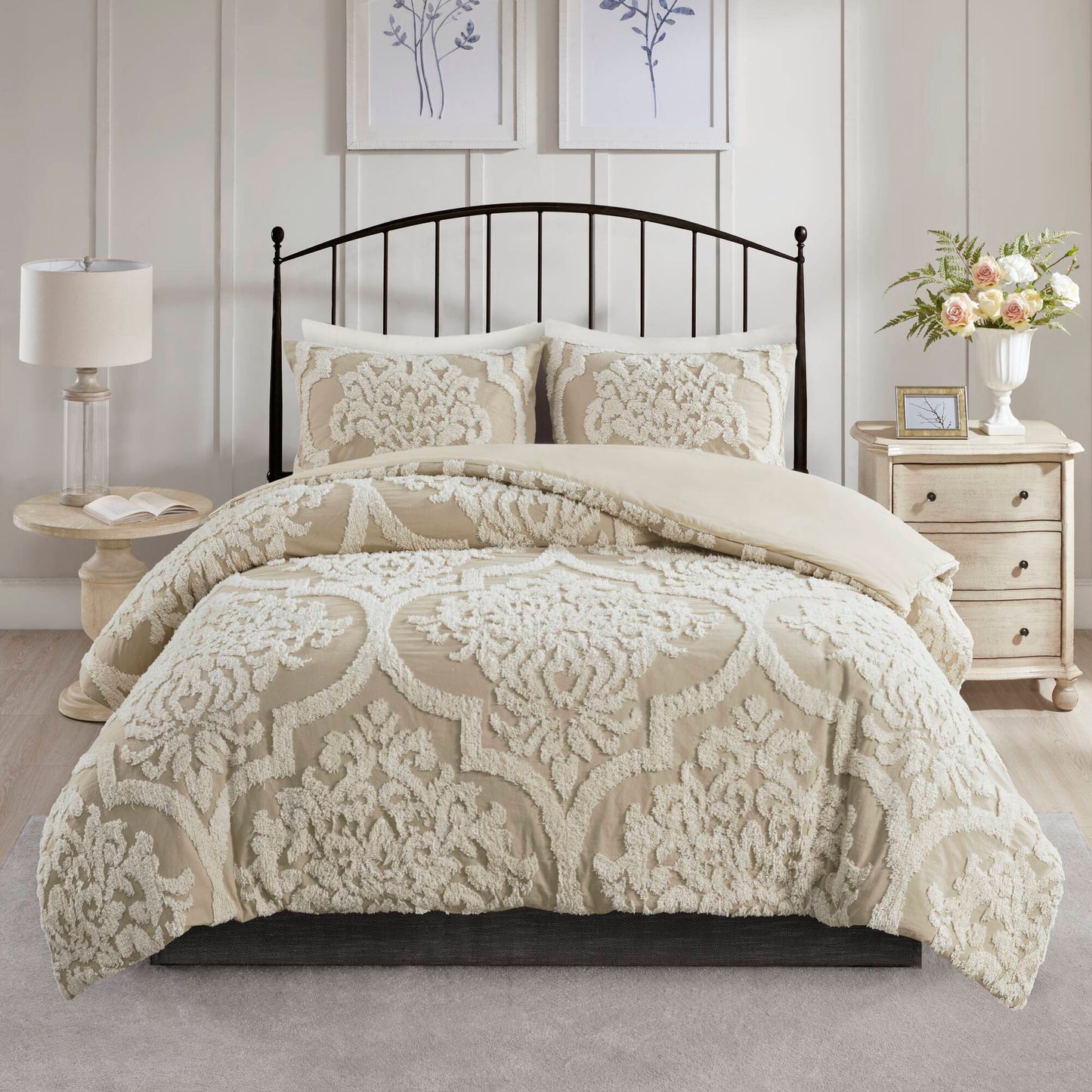 Viola 3 piece Tufted Cotton Chenille Damask Comforter Set
