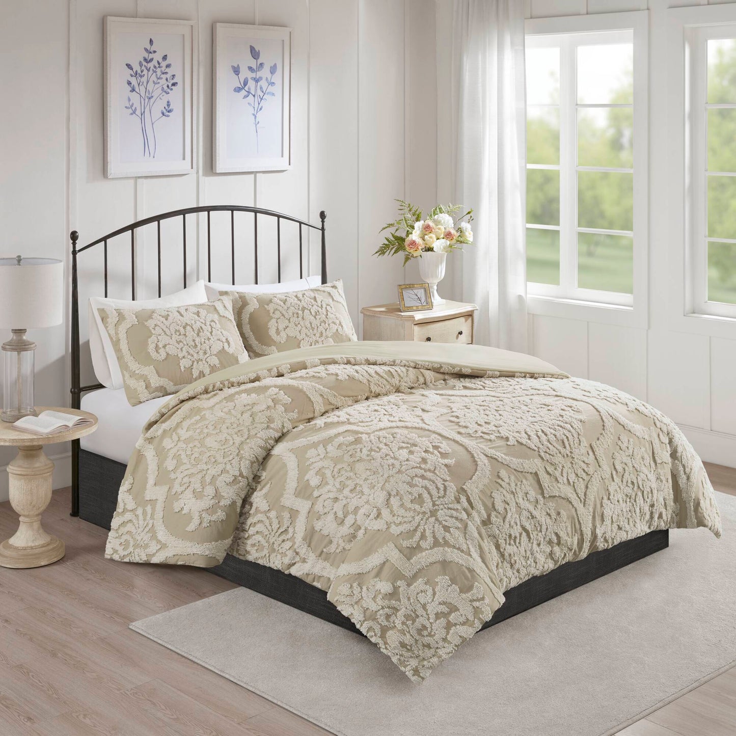 Viola 3 piece Tufted Cotton Chenille Damask Comforter Set