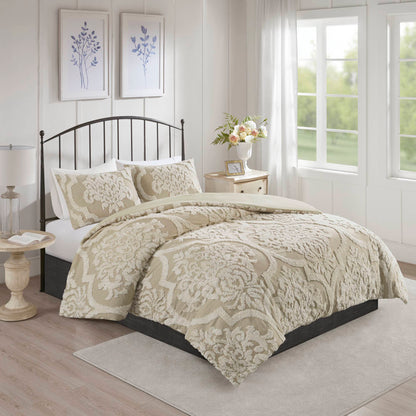 Viola 3 piece Tufted Cotton Chenille Damask Comforter Set