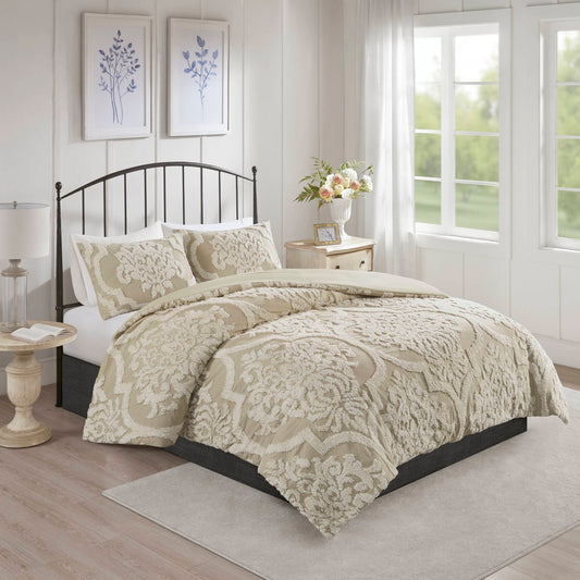 Viola 3 Piece Tufted Cotton Chenille Damask Comforter Set