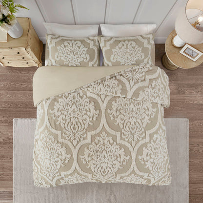 Viola 3 piece Tufted Cotton Chenille Damask Comforter Set
