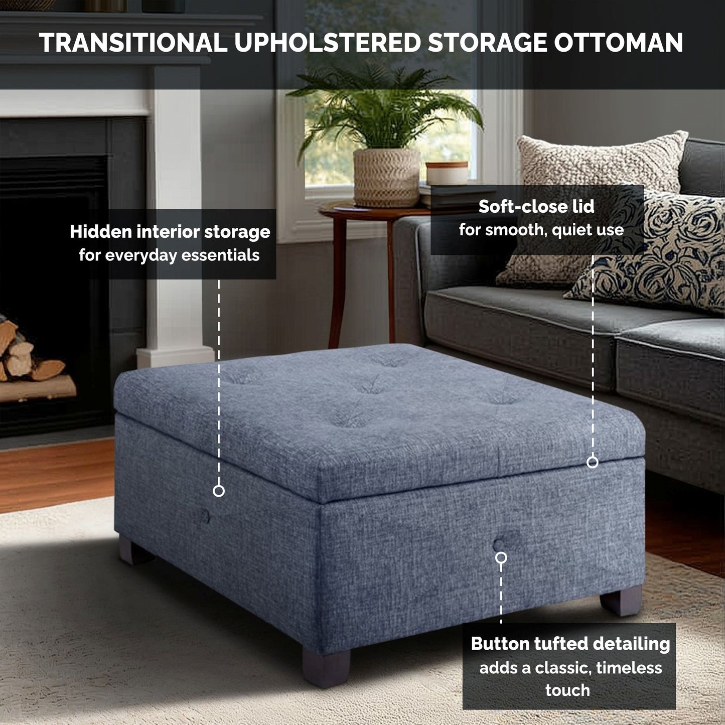 Della Upholstered Soft-Close Lid Ottoman