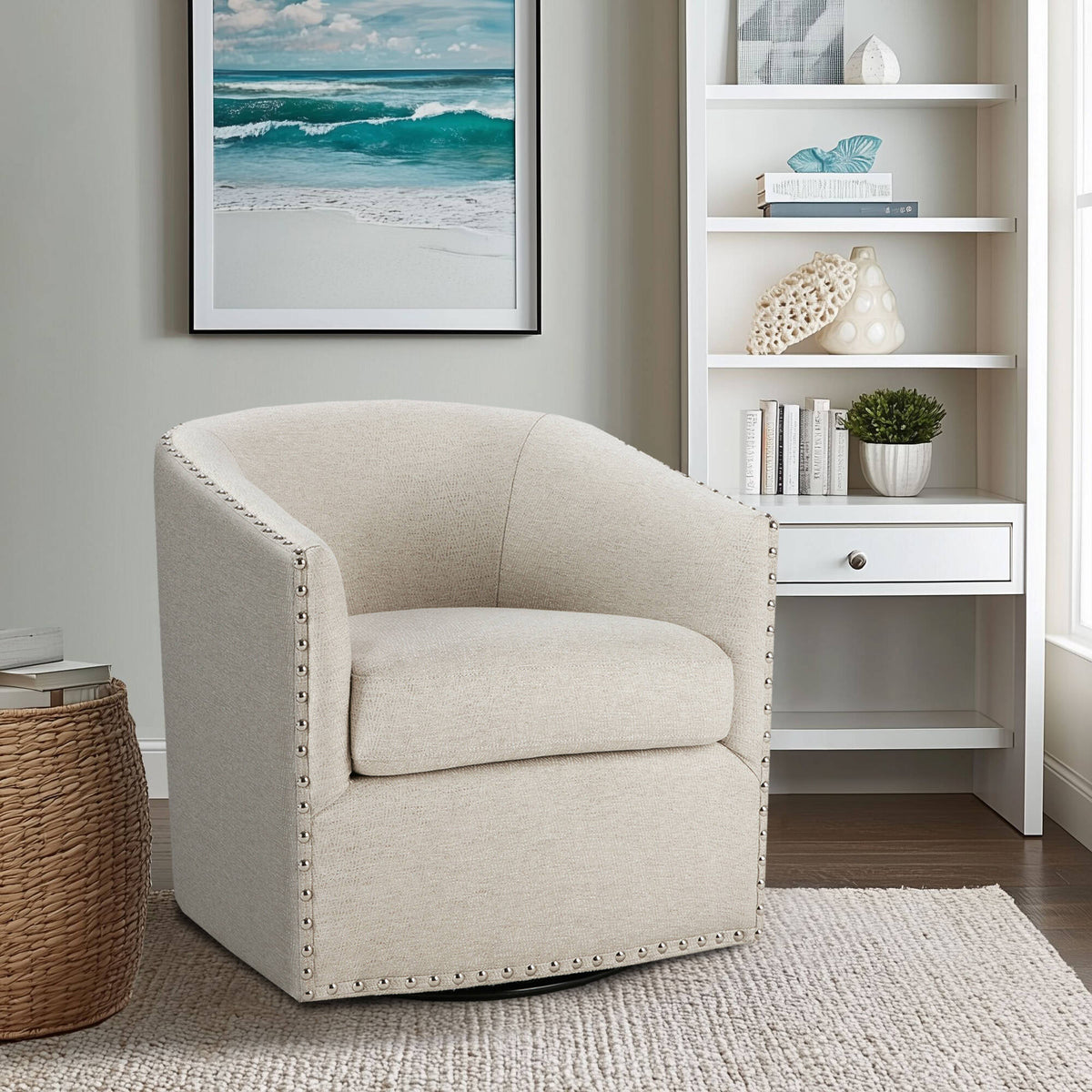 Tyler Upholstered Swivel Barrel Chair with Nailheads