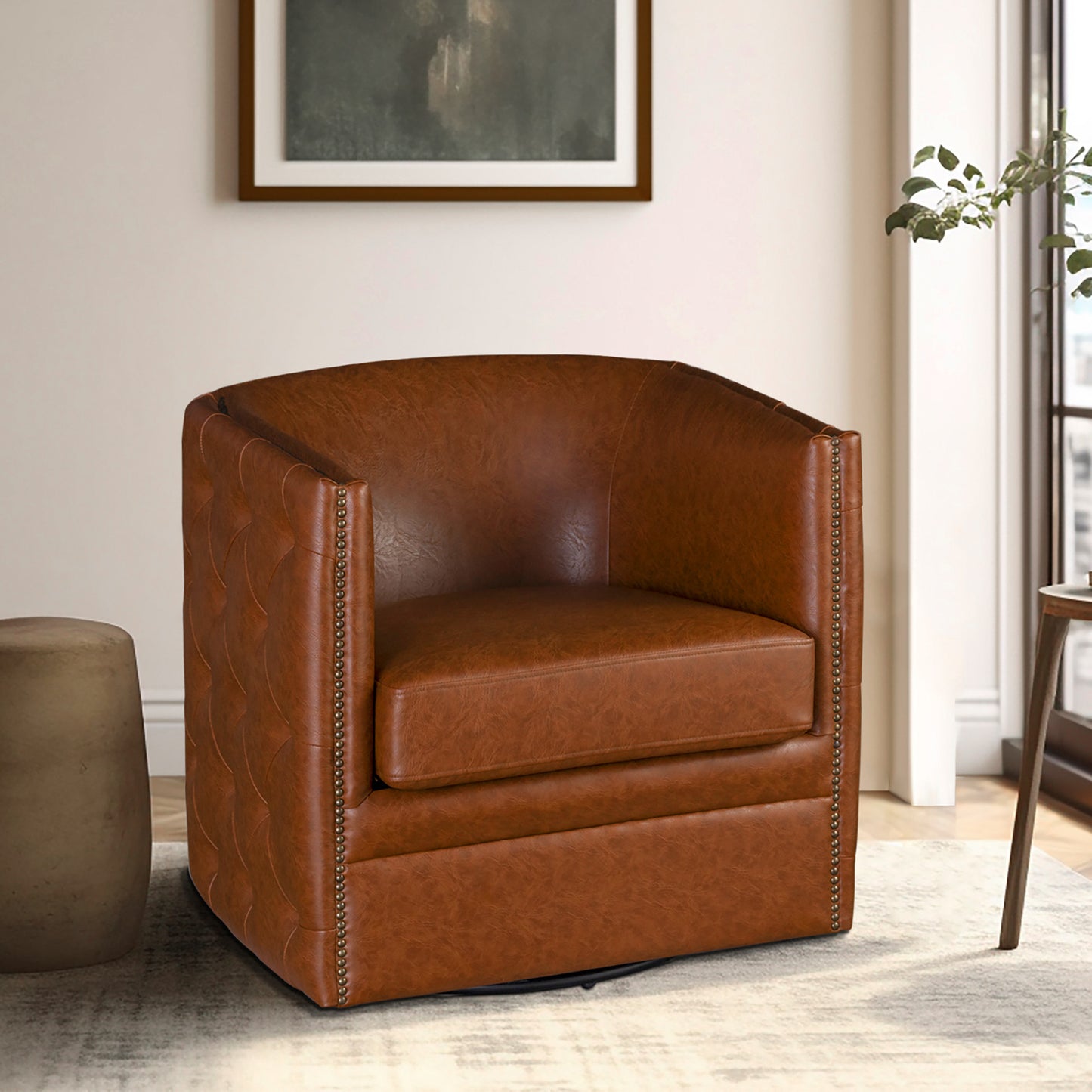 Capstone 360-degree Swivel Barrel chair with Tufting and Nail heads