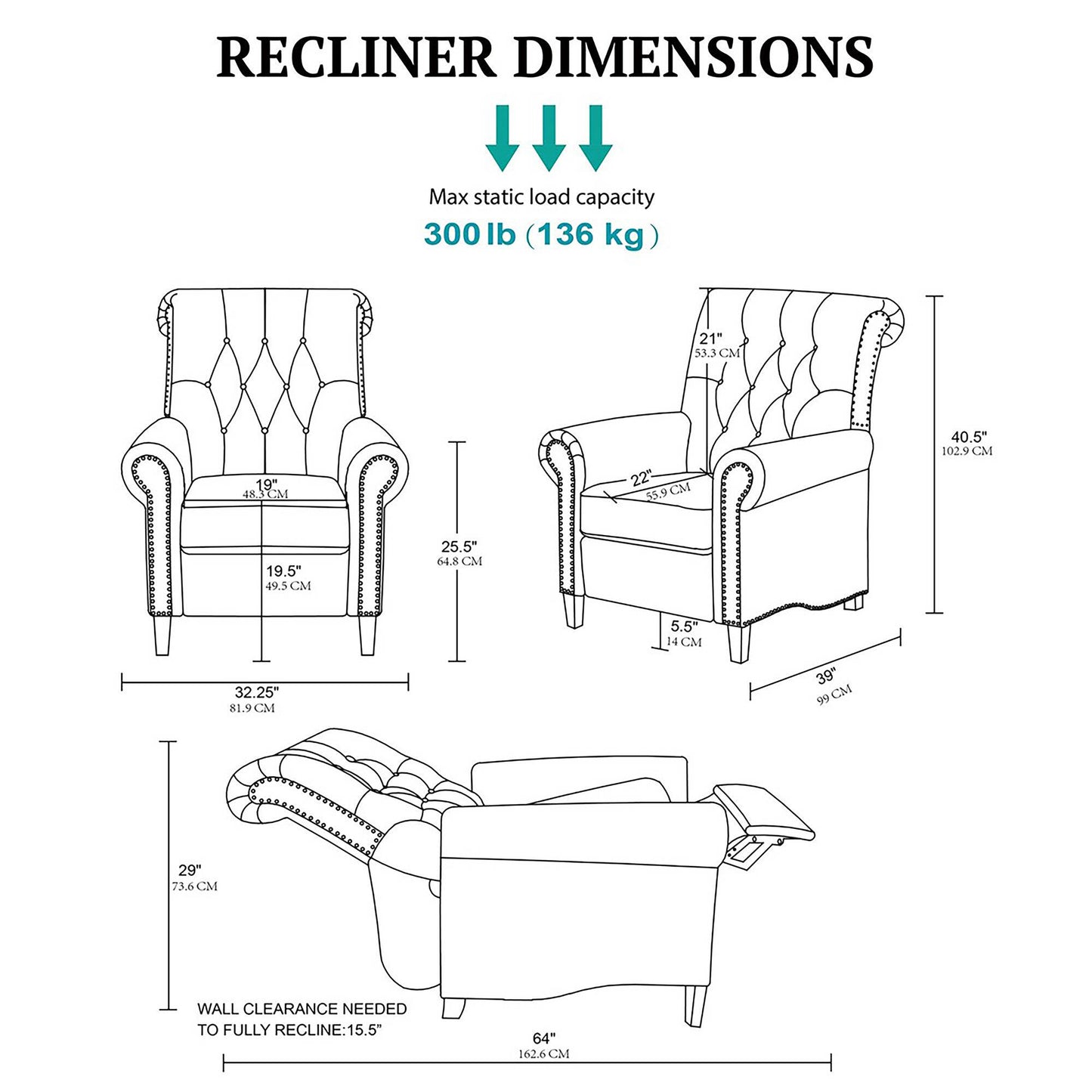 Aidan Upholstered Manual Push Back Recliner Chair with Nailheads