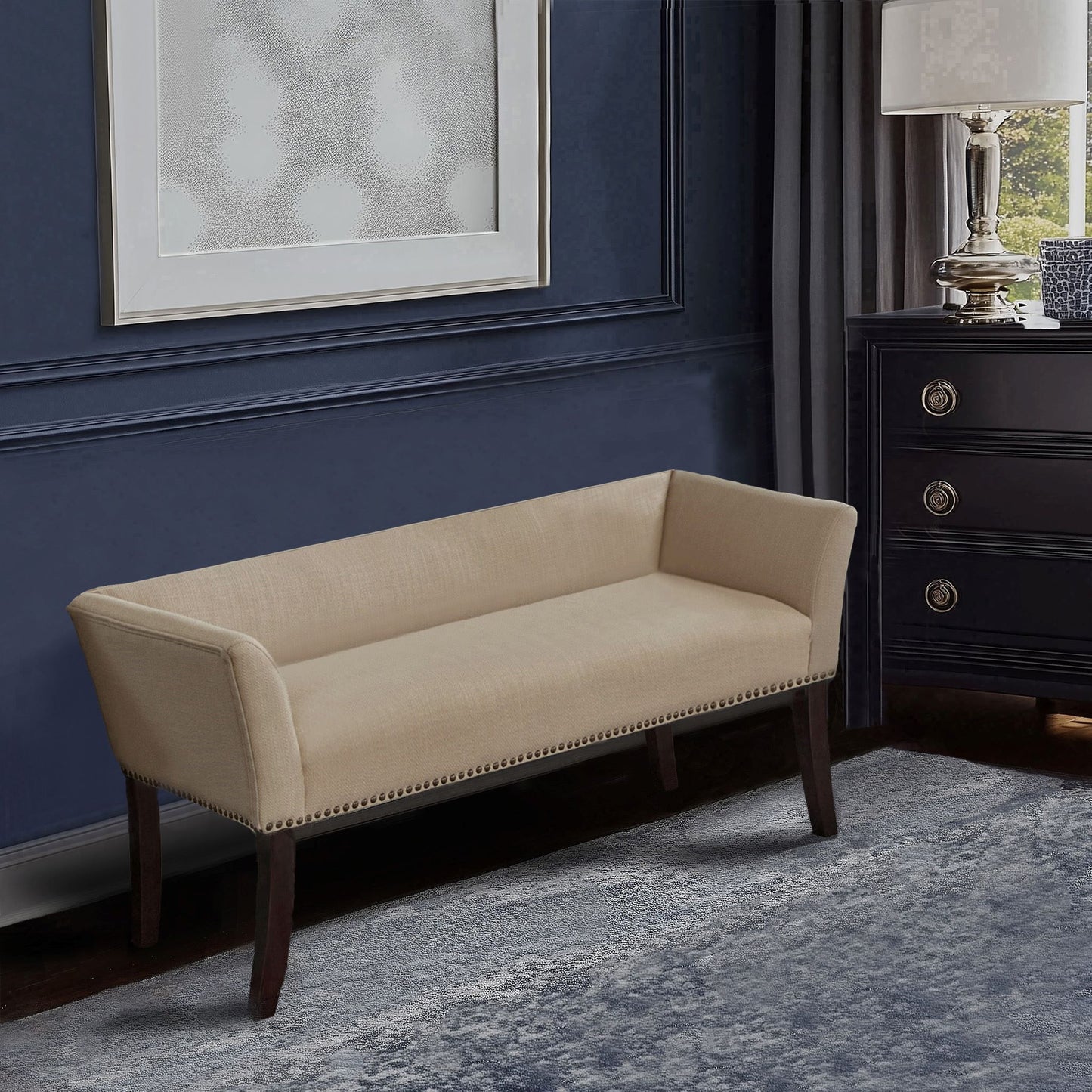 Welburn 49.5" Upholstered Bench with Back & Wood Legs