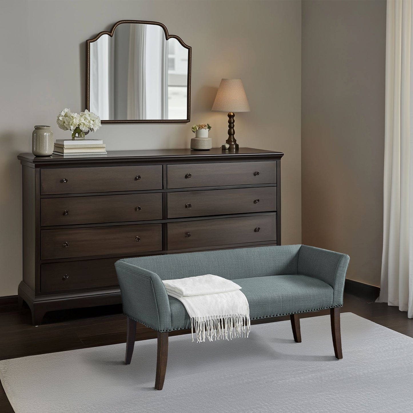 Welburn 49.5" Upholstered Bench with Back & Wood Legs