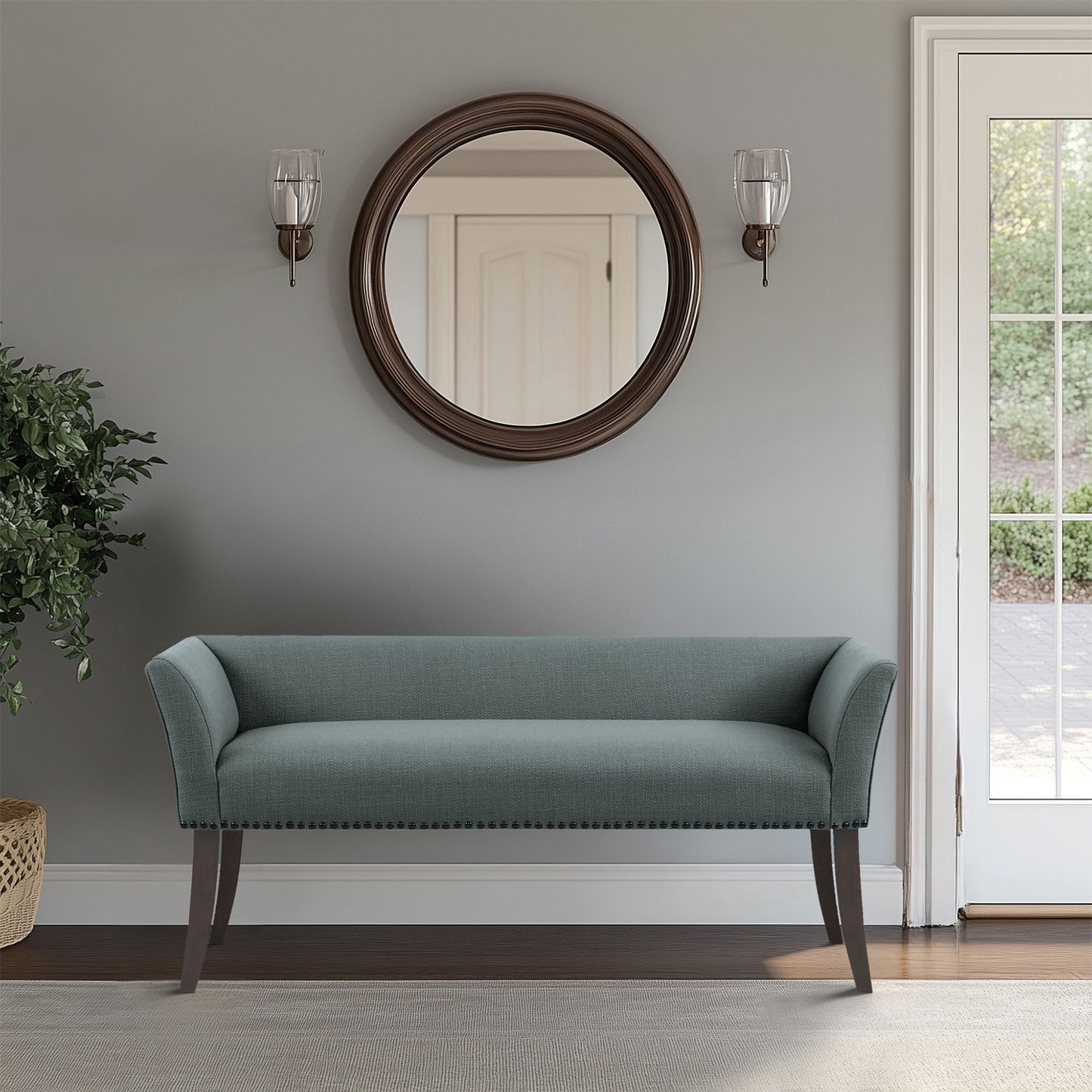 Welburn 49.5" Upholstered Bench with Back & Wood Legs