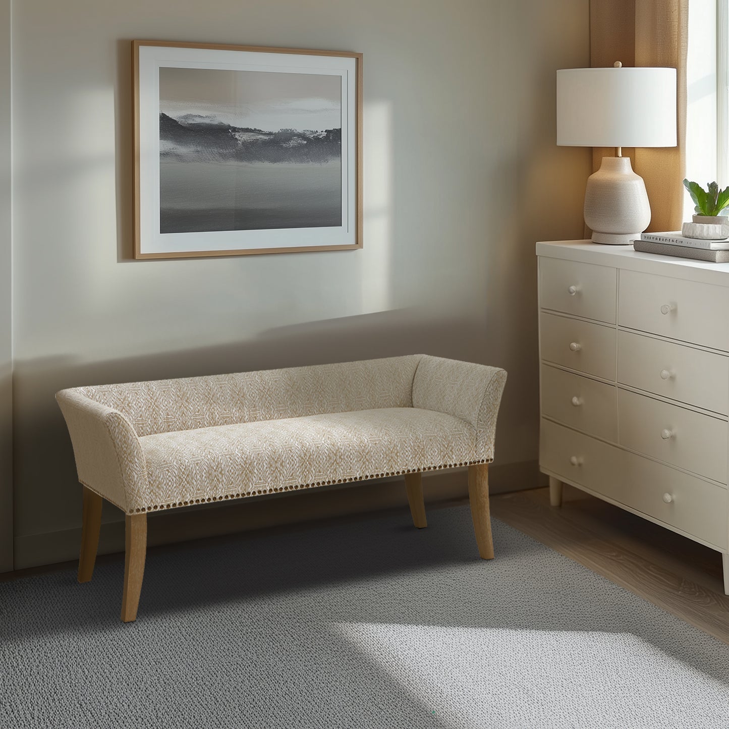 Welburn 49.5" Upholstered Bench with Back & Wood Legs