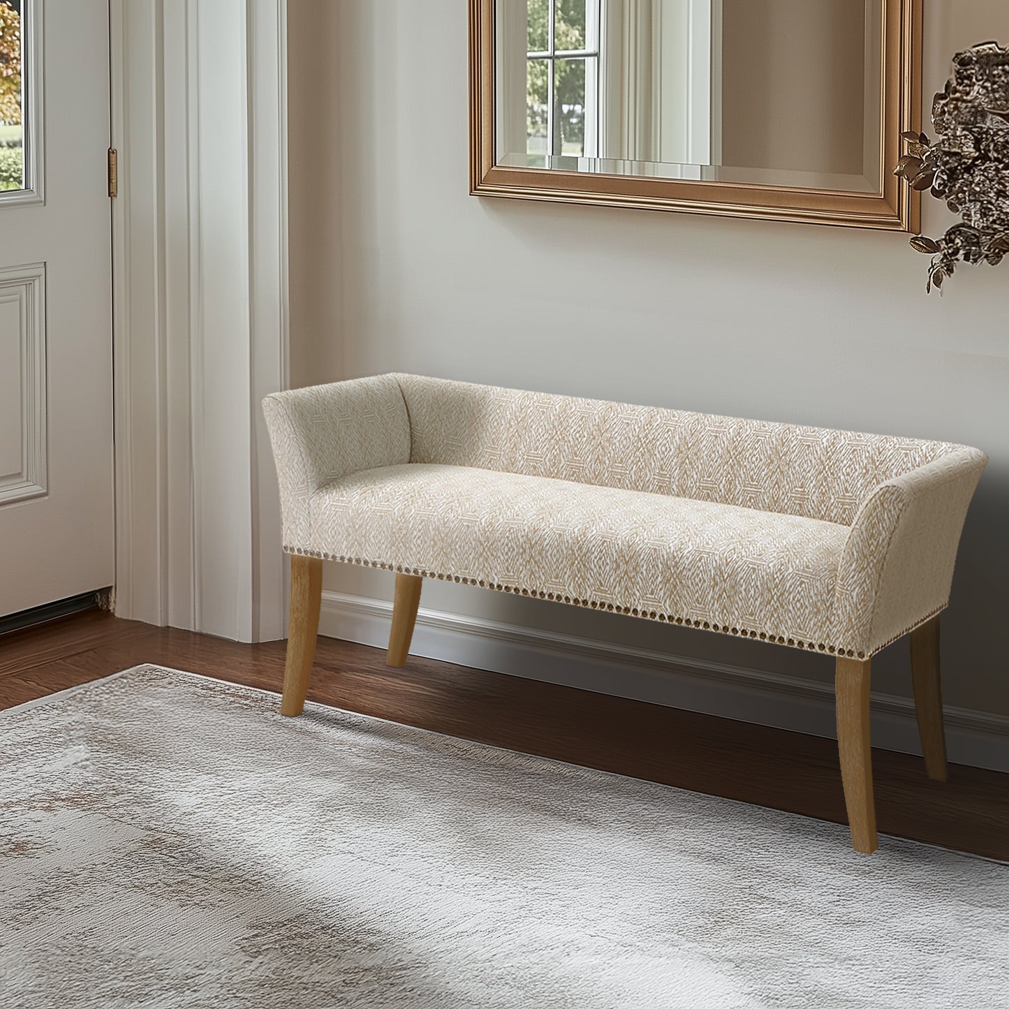 Welburn 49.5" Upholstered Bench with Back & Wood Legs