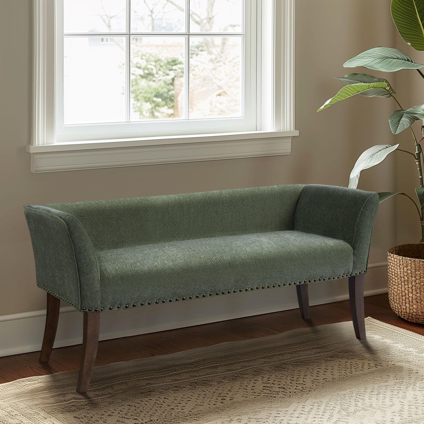 Welburn 49.5" Upholstered Bench with Back & Wood Legs