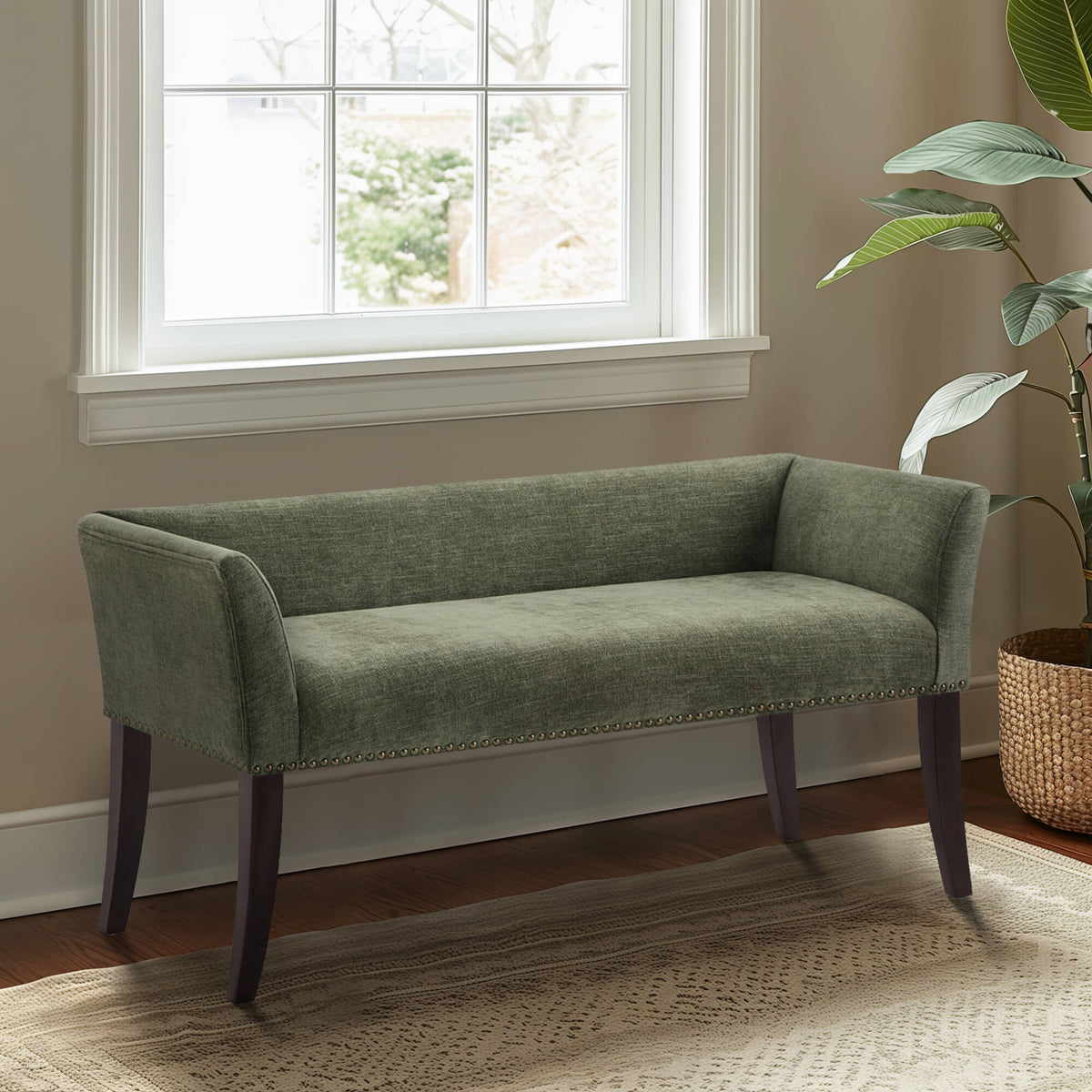 Welburn 49.5" Upholstered Bench with Back & Wood Legs