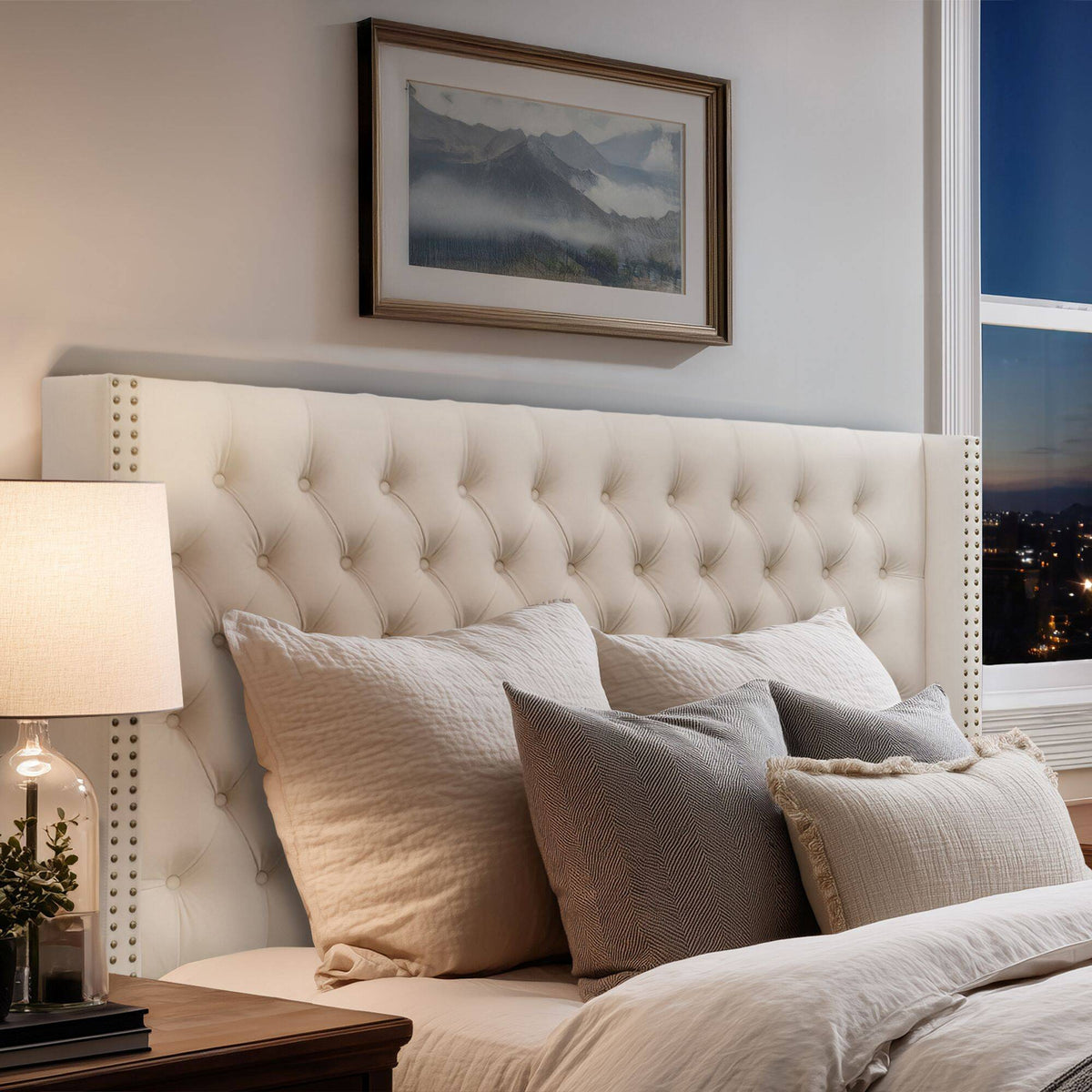 Amelia Upholstered Wingback Headboard with Button Tufting & Nailhead Trim