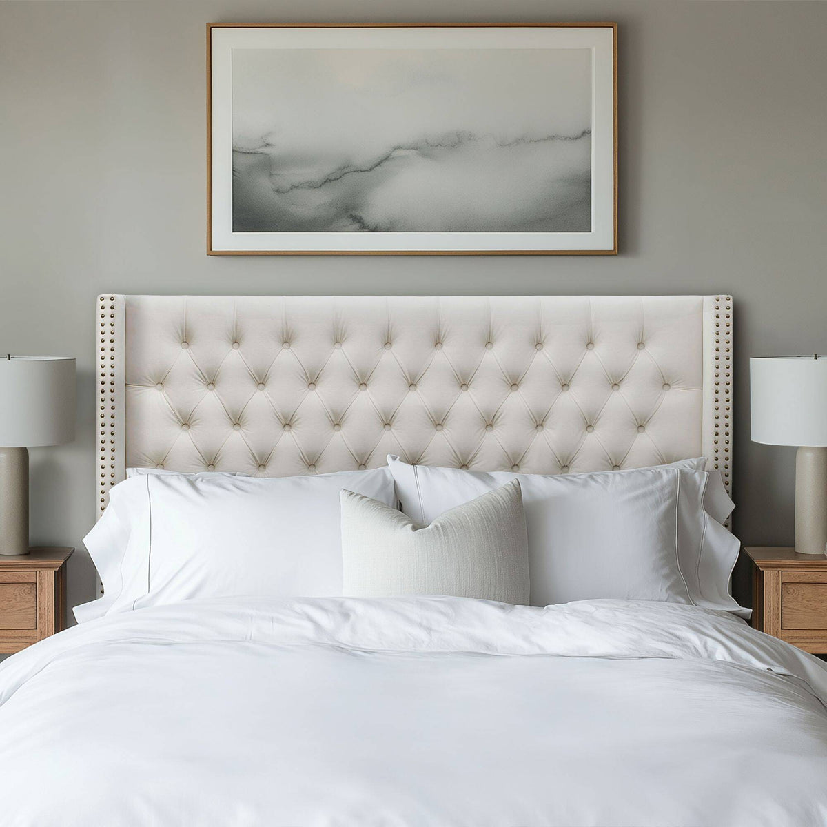 Amelia Upholstered Wingback Headboard with Button Tufting & Nailhead Trim