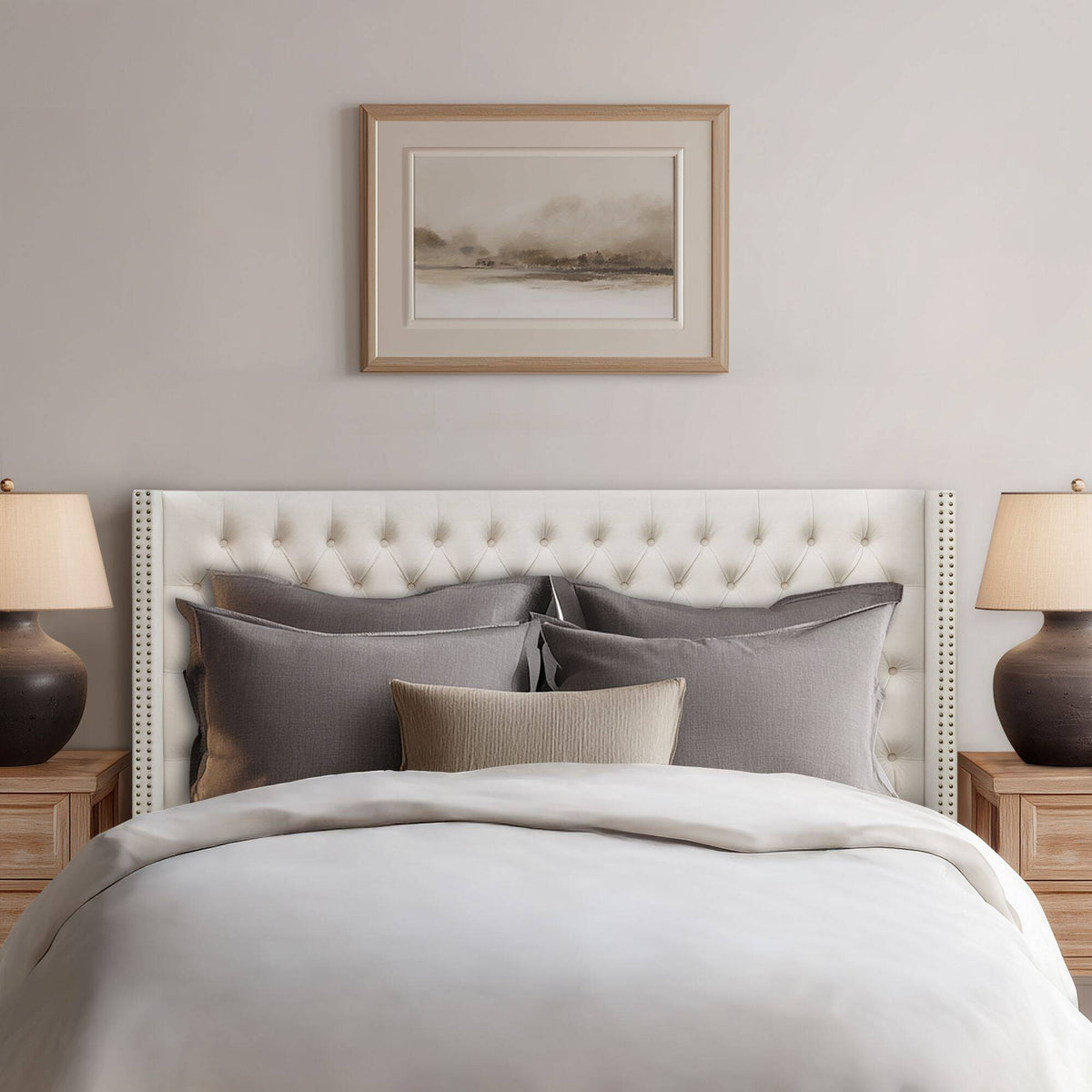 Amelia Upholstered Wingback Headboard with Button Tufting & Nailhead Trim