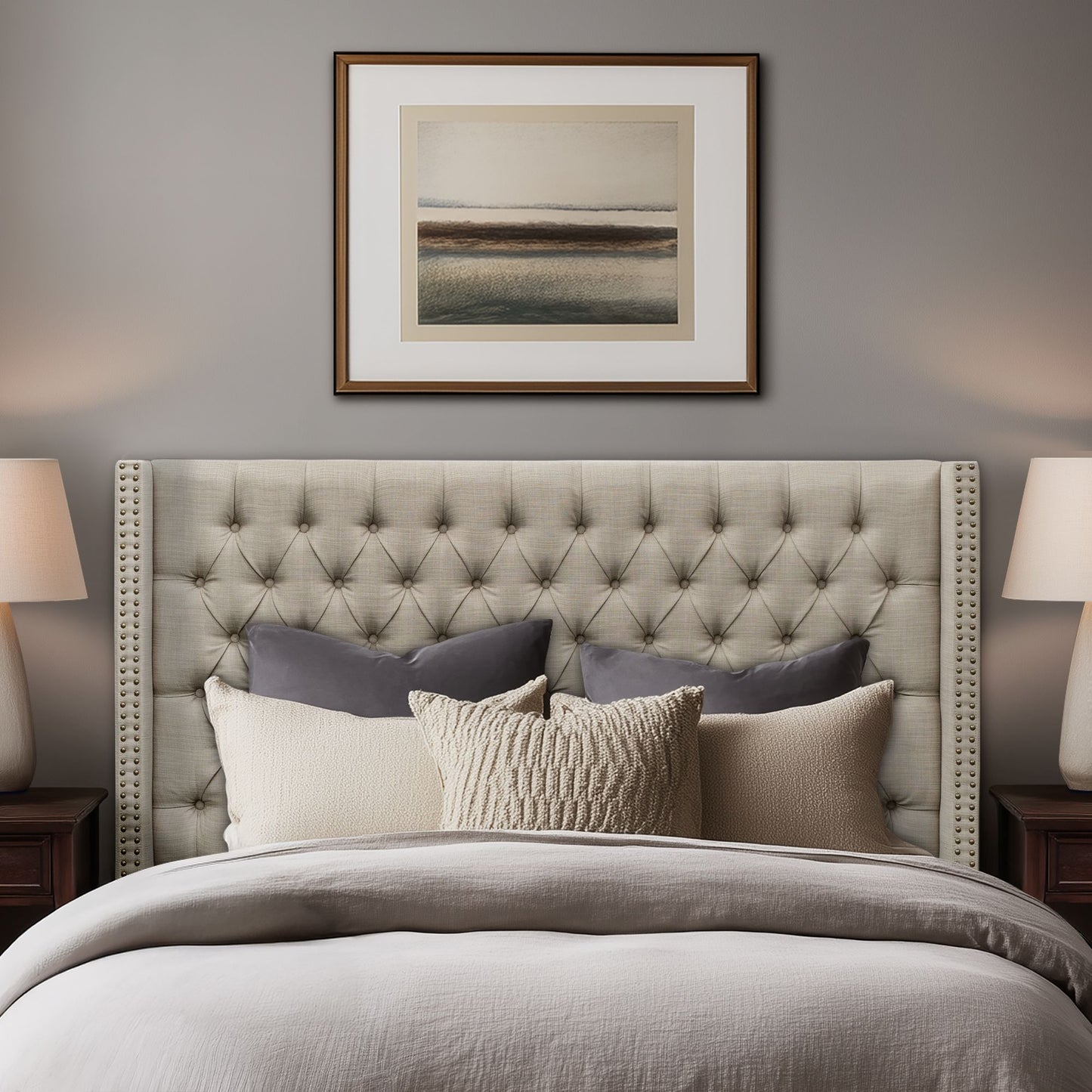 Amelia Upholstered Wingback Headboard with Button Tufting & Nailhead Trim