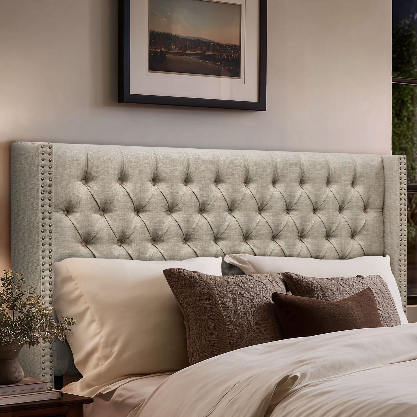 Amelia Upholstered Wingback Headboard with Button Tufting & Nailhead Trim