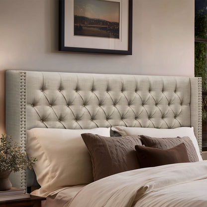 Amelia Upholstered Wingback Headboard with Button Tufting & Nailhead Trim