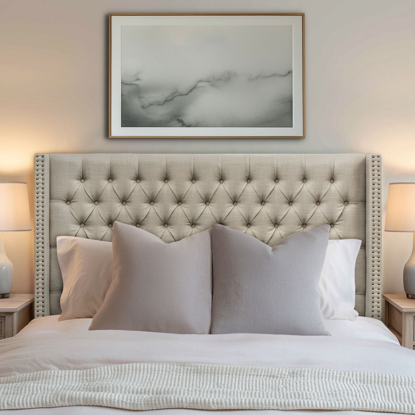 Amelia Upholstered Wingback Headboard with Button Tufting & Nailhead Trim