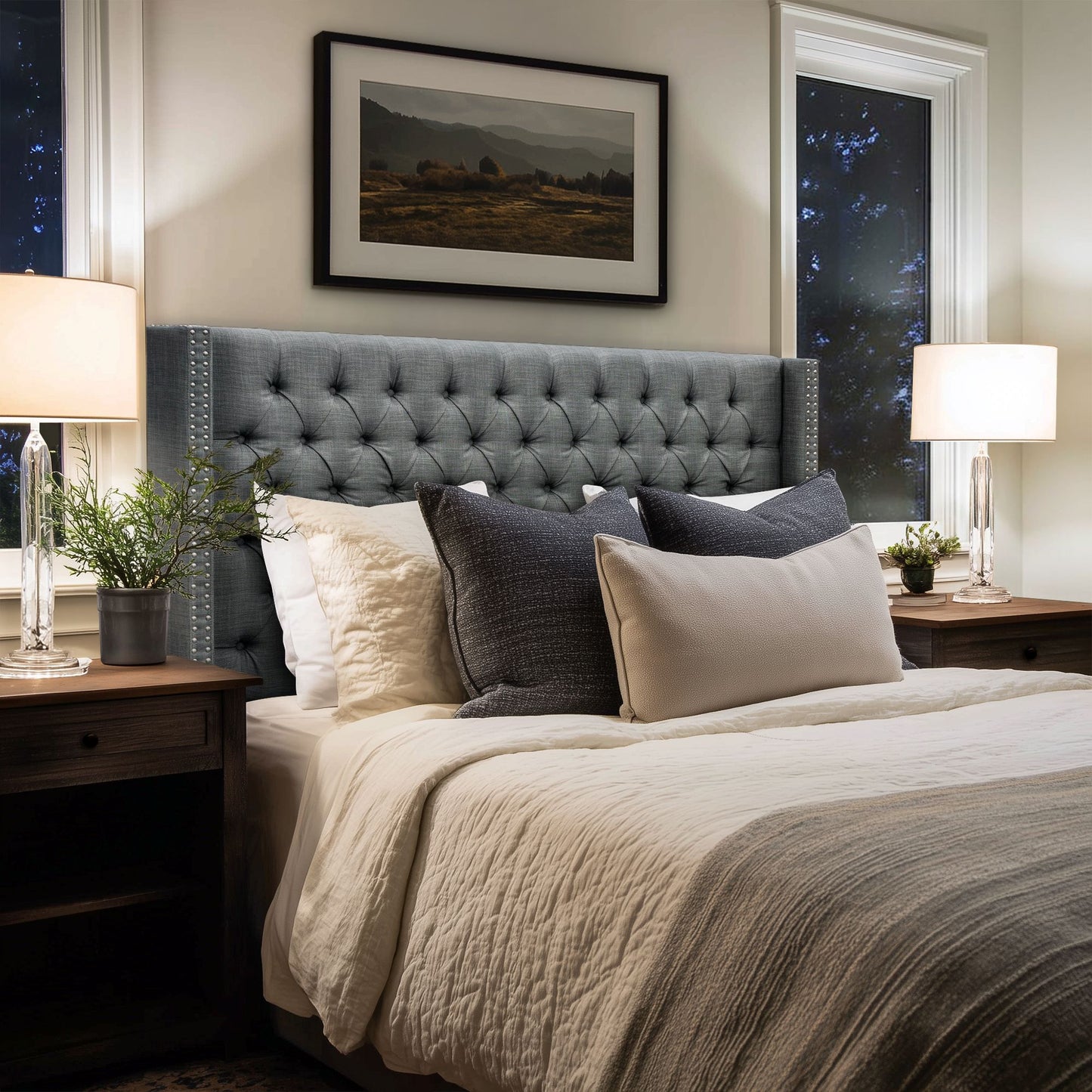 Amelia Upholstered Wingback Headboard with Button Tufting & Nailhead Trim