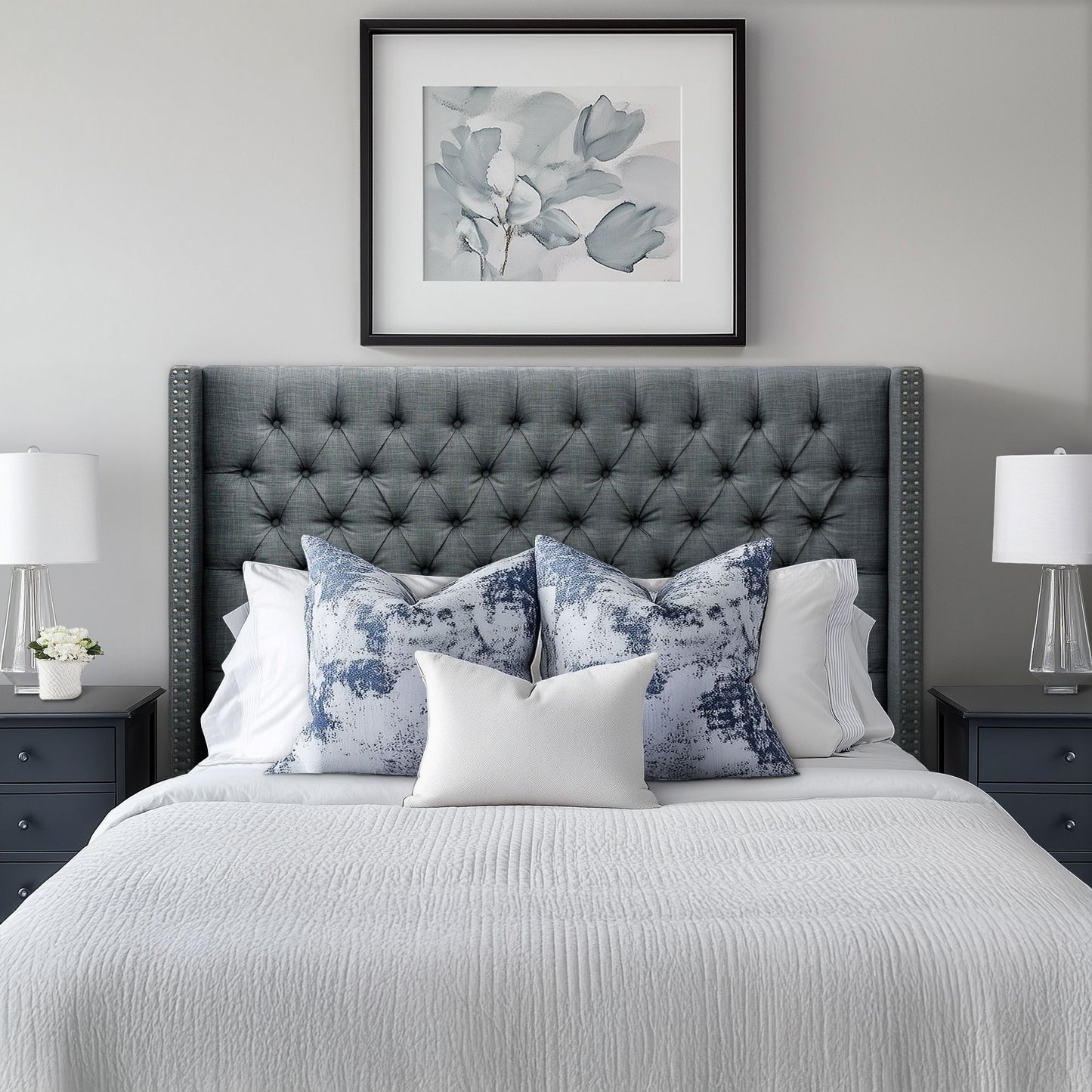 Amelia Upholstered Wingback Headboard with Button Tufting & Nailhead Trim