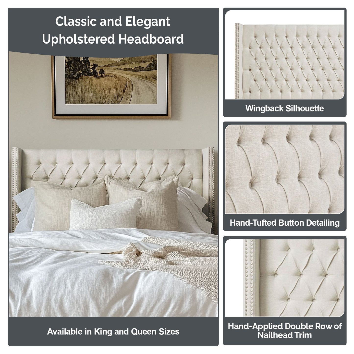 Amelia Upholstered Wingback Headboard with Button Tufting & Nailhead Trim