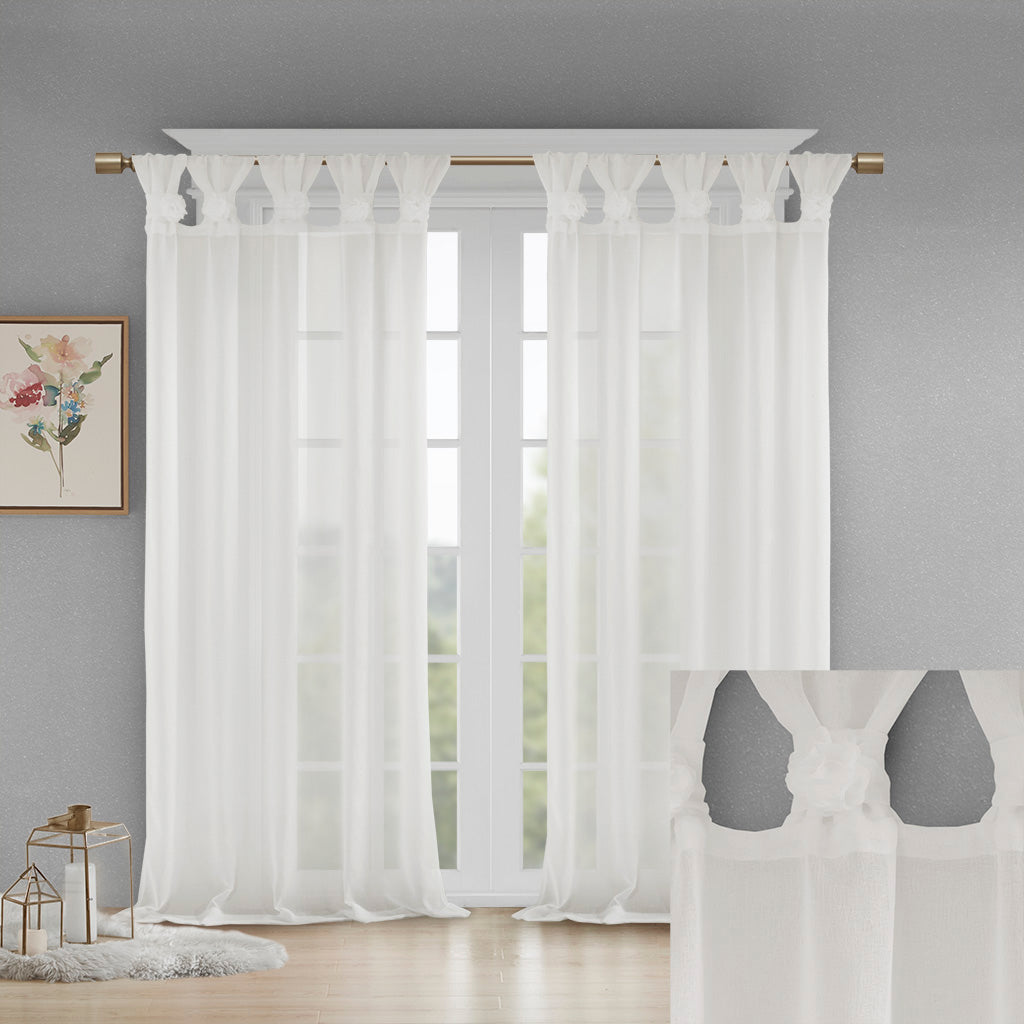 Rosette Floral Embellished Cuff Tab Top Solid Curtain Panel