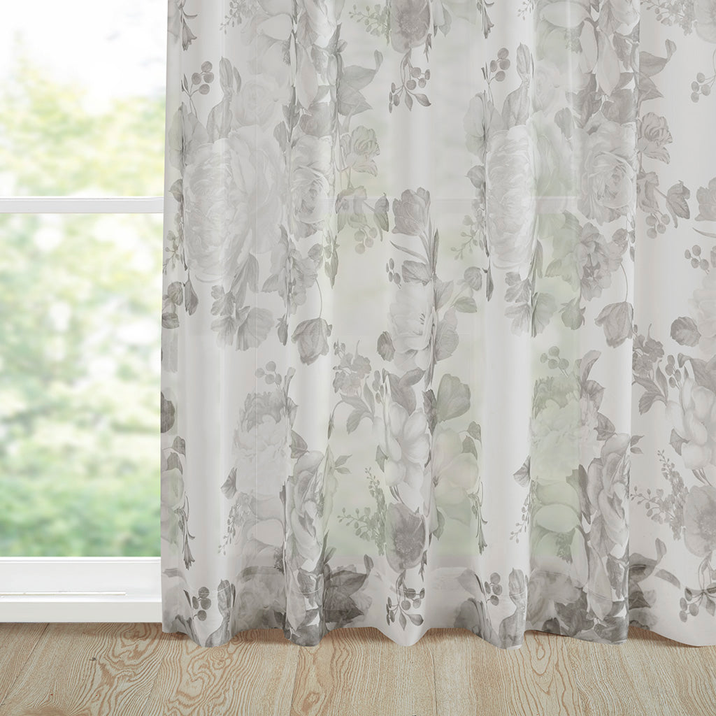 Simone Printed Floral Rod Pocket and Back Tab Voile Sheer Curtain