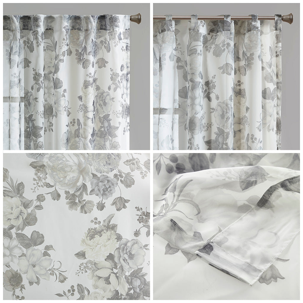 Simone Printed Floral Rod Pocket and Back Tab Voile Sheer Curtain