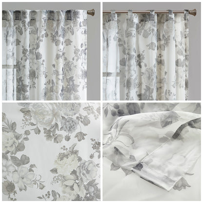 Simone Printed Floral Rod Pocket and Back Tab Voile Sheer Curtain