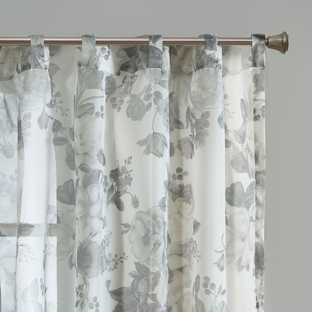 Simone Printed Floral Rod Pocket and Back Tab Voile Sheer Curtain