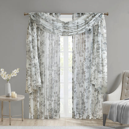 Simone Printed Floral Rod Pocket and Back Tab Voile Sheer Curtain