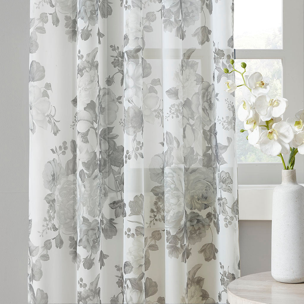 Simone Printed Floral Rod Pocket and Back Tab Voile Sheer Curtain