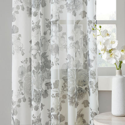 Simone Printed Floral Rod Pocket and Back Tab Voile Sheer Curtain